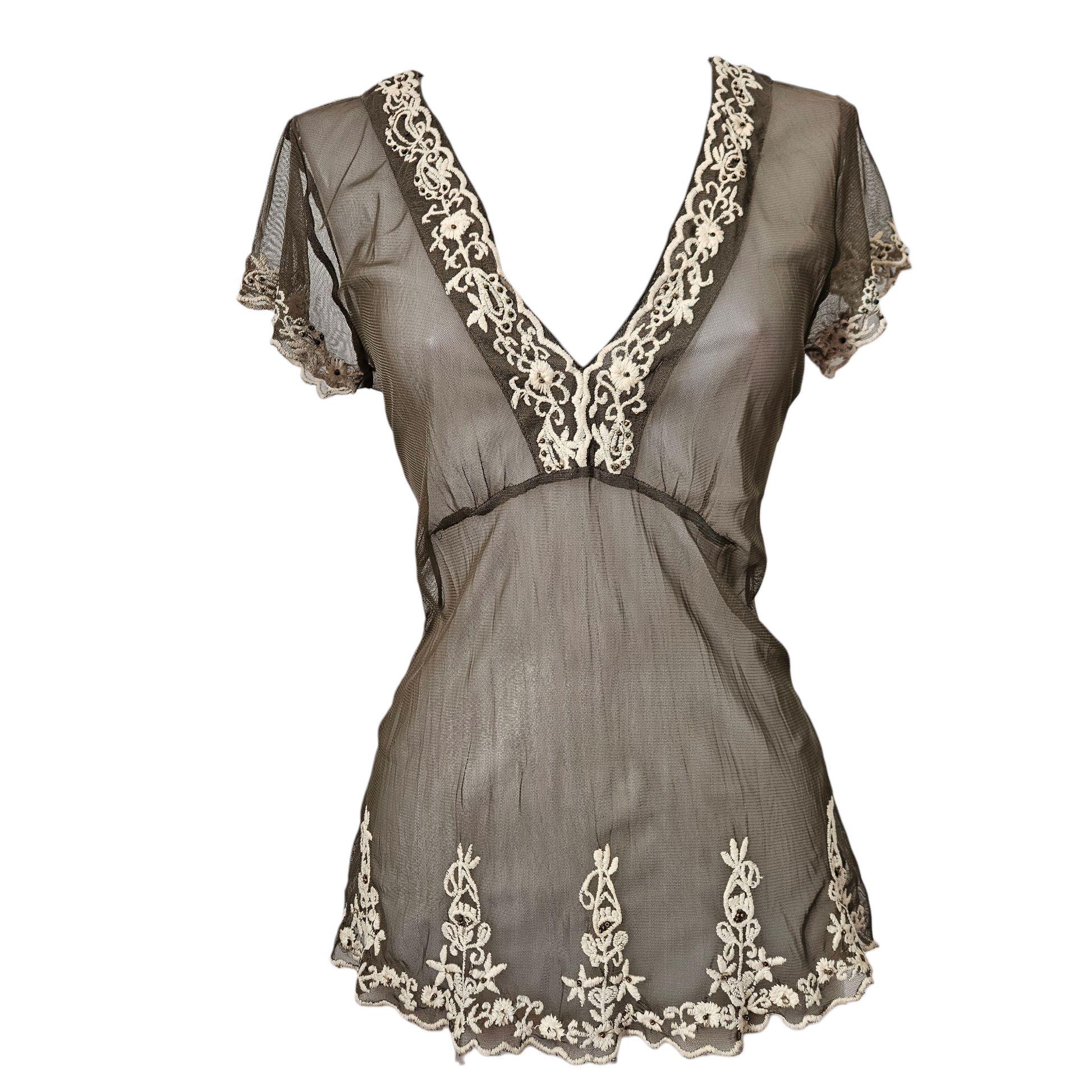 Sheer embroidered V-neck top with delicate lace details, soft fairycore y2k silhouette and romantic vintage reverie by Lucid Dream 2007