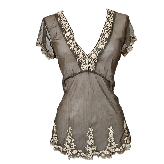 Sheer embroidered V-neck top with delicate lace details, soft fairycore y2k silhouette and romantic vintage reverie by Lucid Dream 2007