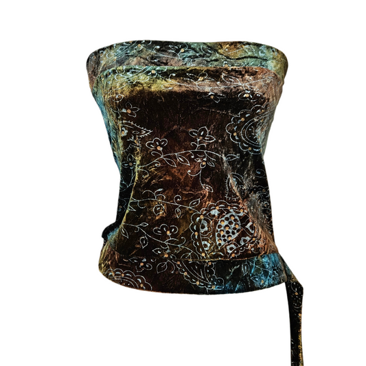 Velvet strapless top with mystical floral patterns in earthy tones, y2k fairycore whimsigoth vibe with a dreamy vintage silhouette by Lucid Dream 2007