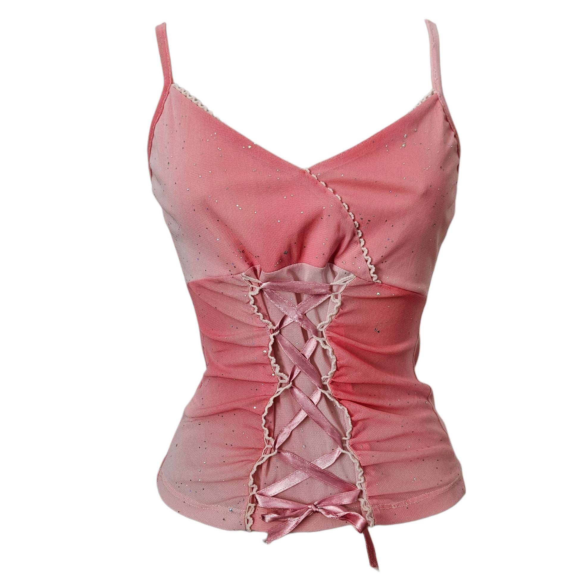 Pink Y2K fairycore corset top with lace-up front, sheer mesh fabric and subtle sparkles, dreamy vintage aesthetic by Lucid Dream 2007