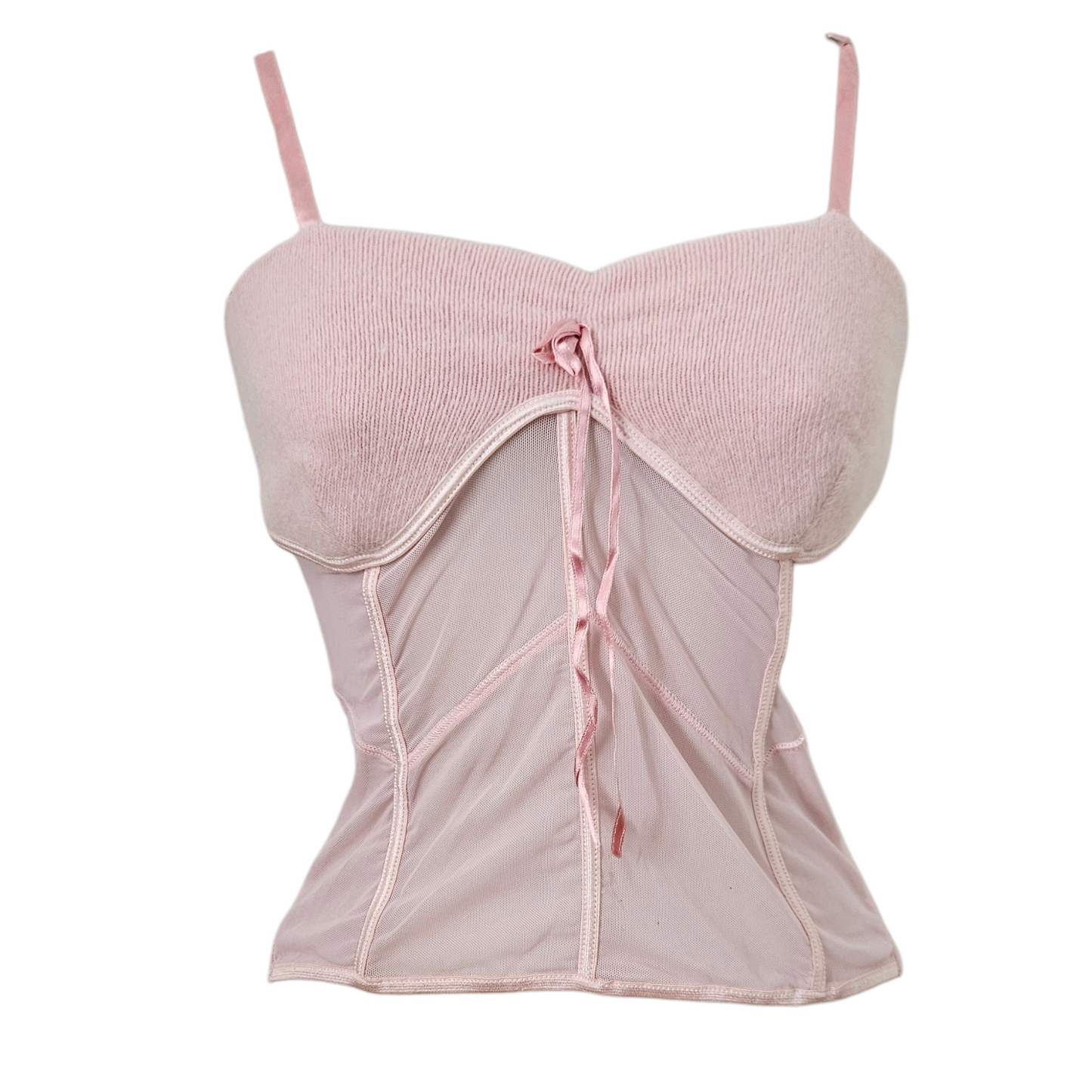 Vintage pink sheer corset top with delicate straps, soft angora blend and romantic fairycore Y2K vibe, by Lucid Dream 2007
