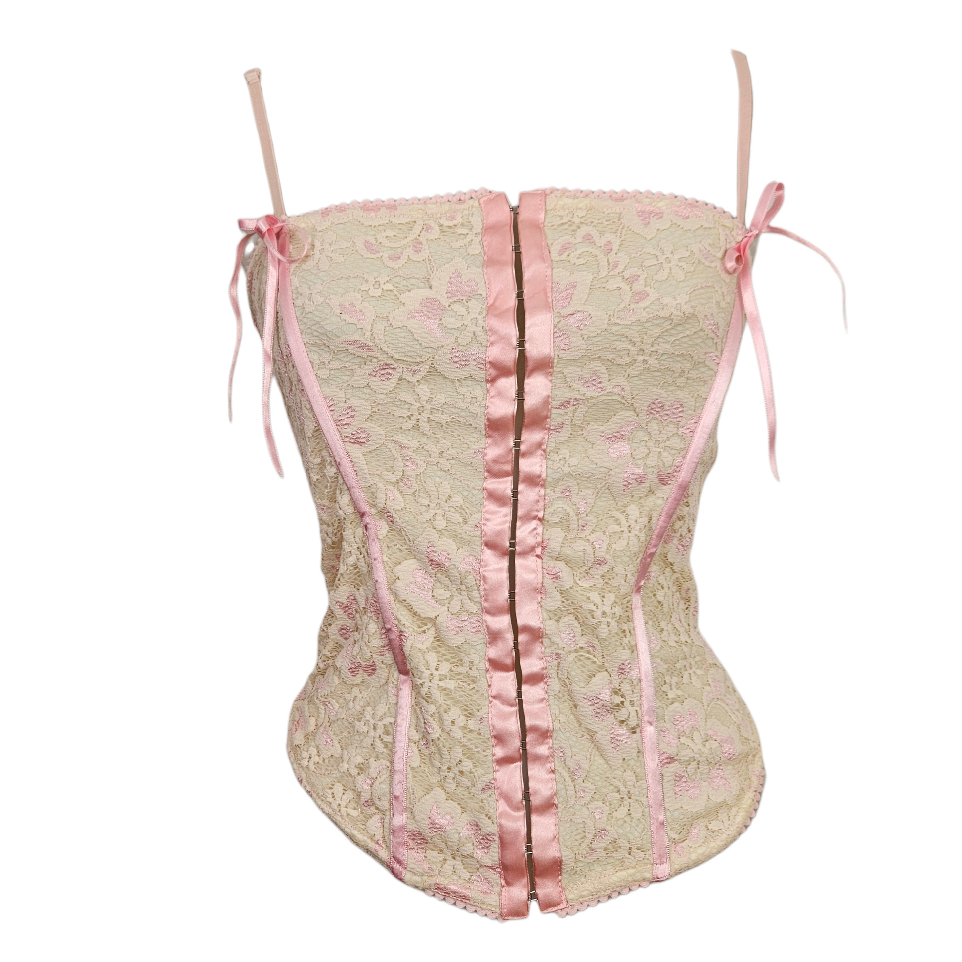 Cream and pink lace vintage corset with satin front closure and ribbon side ties, romantic fairycore y2k lingerie-inspired top by Lucid Dream 2007