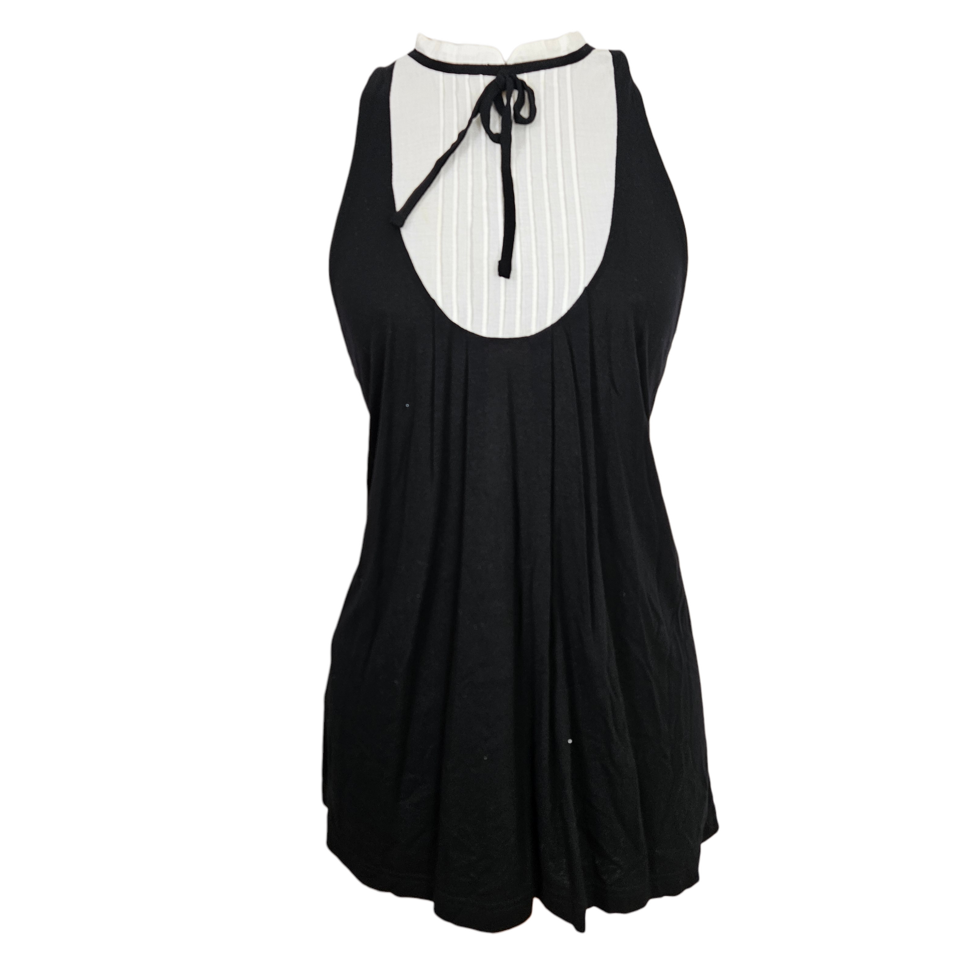 Black vintage sleeveless top with white pleated neckline detail and tie collar, elegant y2k minimalist fairycore vibe by Lucid Dream 2007