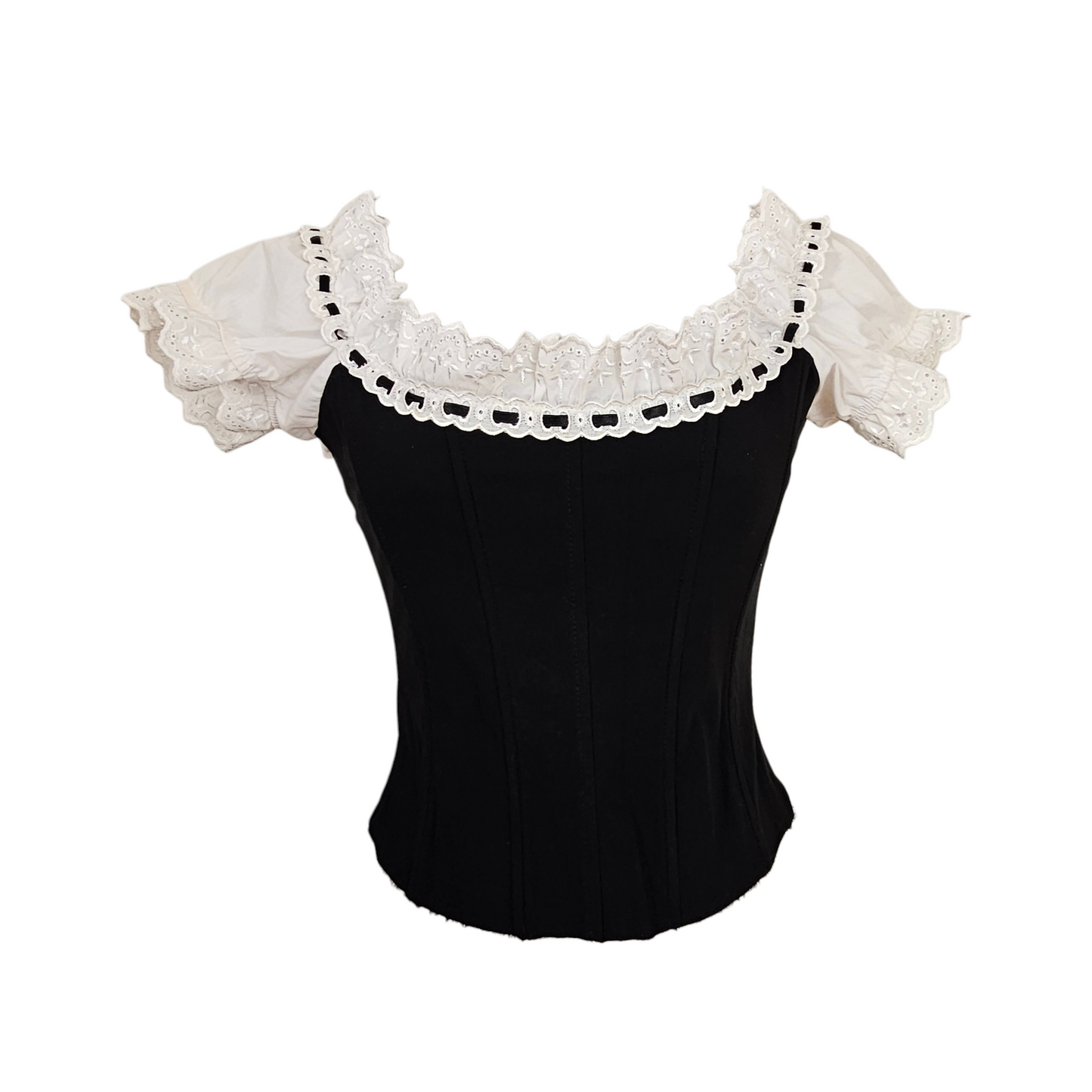 Vintage black corset top with white lace puff sleeves and broderie anglaise neckline, romantic fairycore and gothic revival aesthetic by Lucid Dream 2007