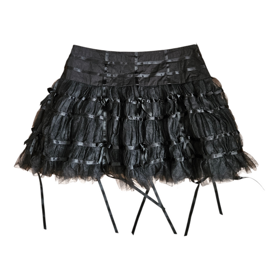 Black gothic ruffled mini skirt with layered tulle and ribbon details, whimsigoth and fairycore vibe, statement Y2K piece by Lucid Dream 2007