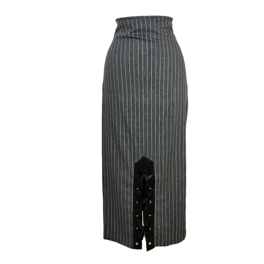 Grey pinstripe midi skirt with front lace-up detail and adjustable slit, edgy vintage tailored piece with a sharp y2k and office-core vibe by Lucid Dream 2007.