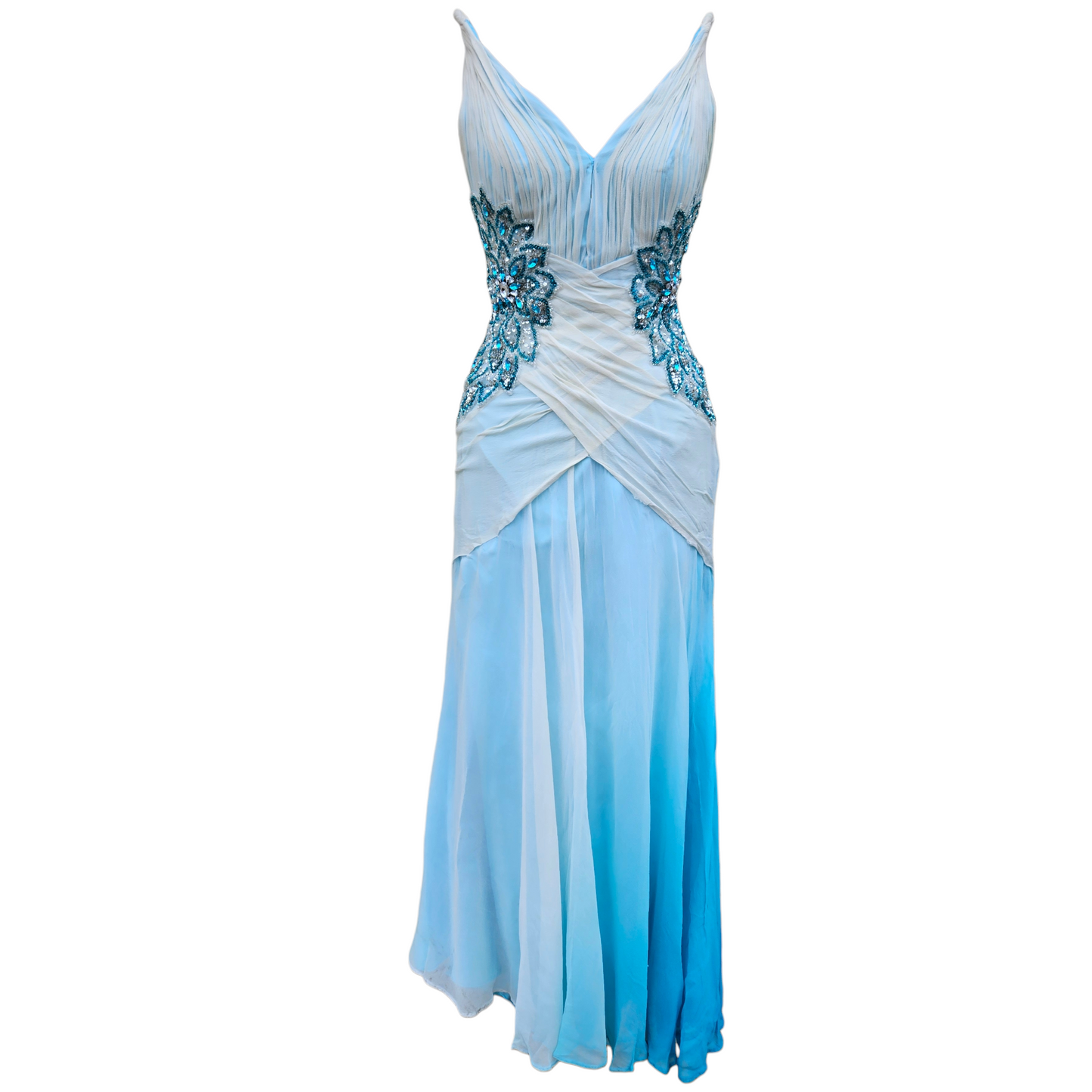Vintage blue silk evening gown with beaded waist details and soft ombré flow, fairycore and dreamy prom dress vibes, elegant and ethereal by Lucid Dream 2007