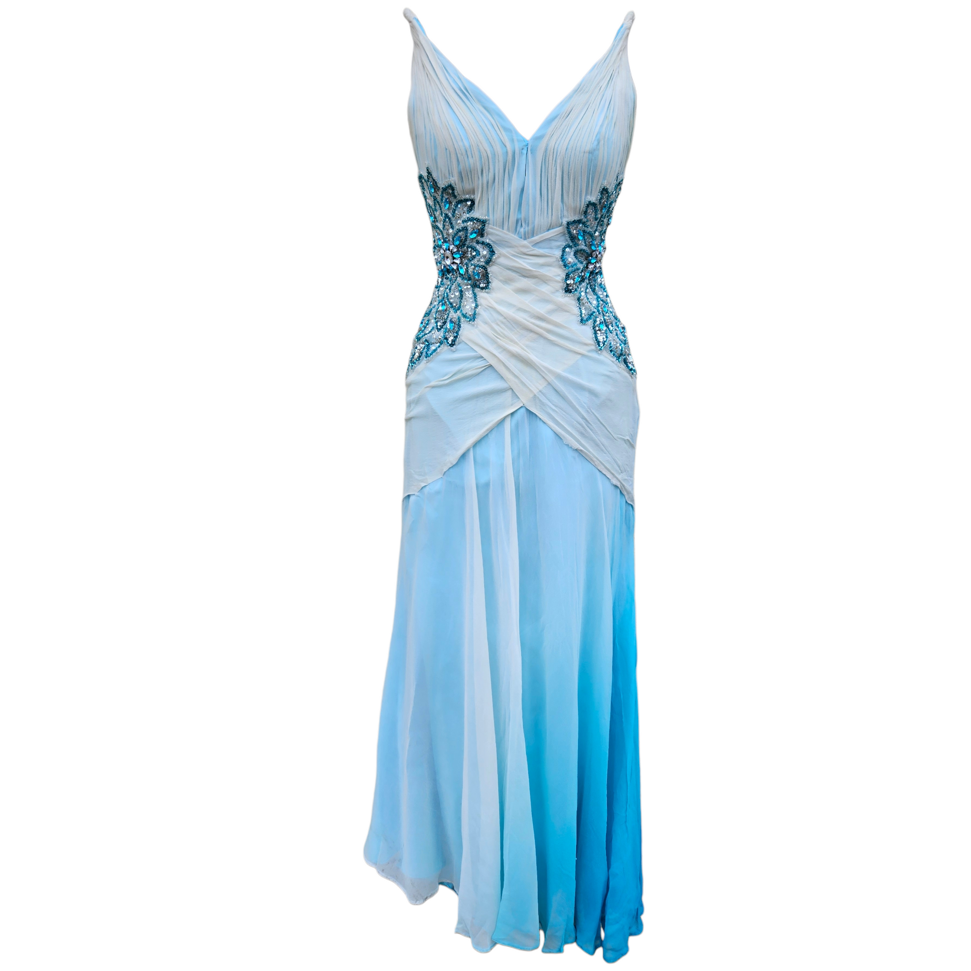 Vintage blue silk evening gown with beaded waist details and soft ombré flow, fairycore and dreamy prom dress vibes, elegant and ethereal by Lucid Dream 2007