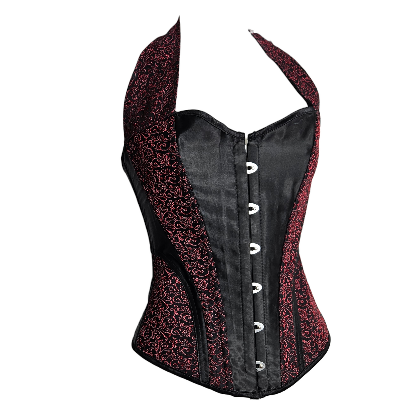 Black and red patterned corset with halter neck and lace-up back, dramatic y2k gothic fairycore silhouette with vintage allure by Lucid Dream 2007