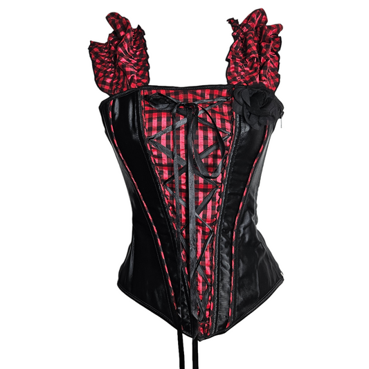 Black and red gingham lace-up corset with ruffled straps and satin panels, bold Y2K burlesque and gothic fairycore aesthetic.
