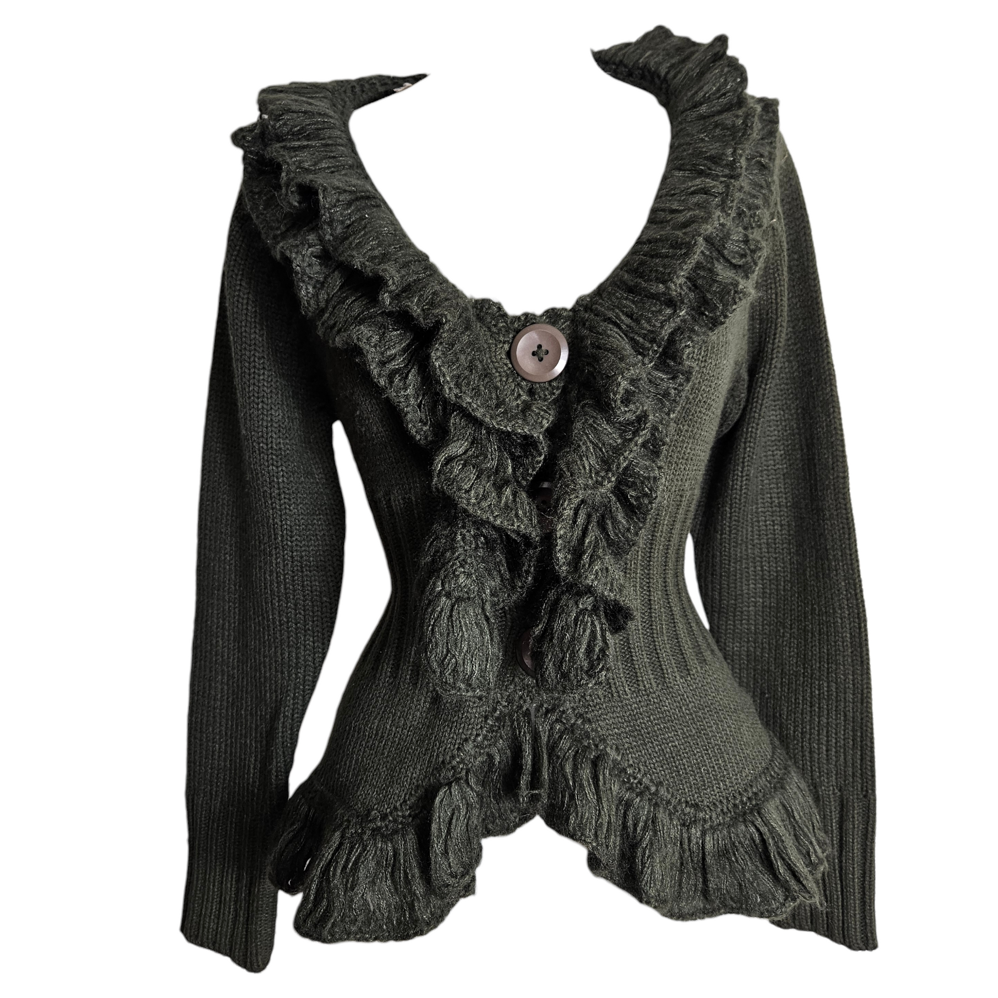 Vintage dark green ruffled knit cardigan with cinched waist and mohair-look texture, fairycore and whimsigoth vibes, cozy yet dramatic silhouette by Lucid Dream 2007