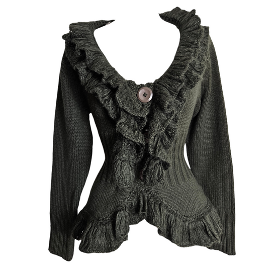 Vintage dark green ruffled knit cardigan with cinched waist and mohair-look texture, fairycore and whimsigoth vibes, cozy yet dramatic silhouette by Lucid Dream 2007