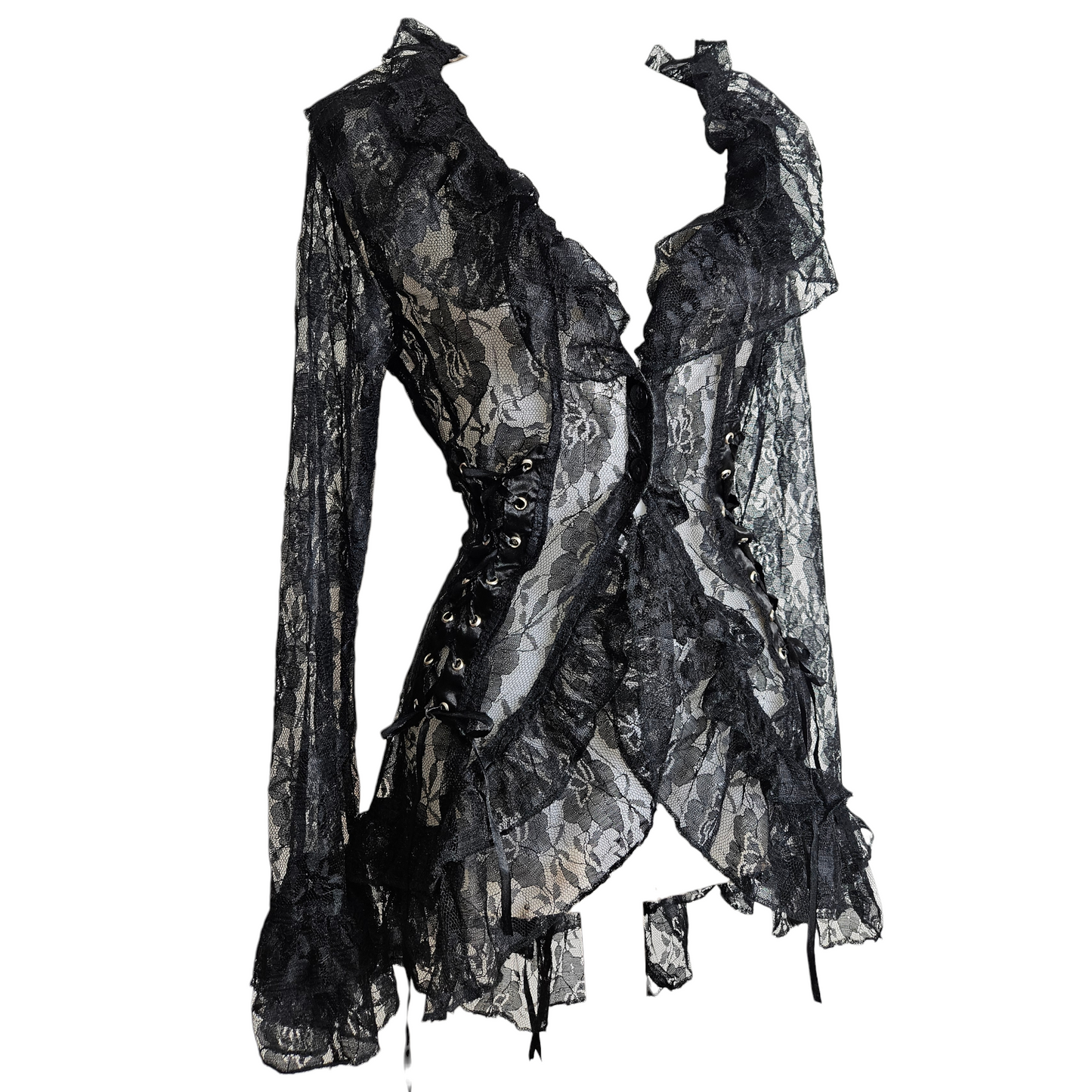 Black lace corset-style top with ruffled neckline, sheer floral lace, long flared sleeves and adjustable lace-up sides, dark romantic whimsigoth vibe.