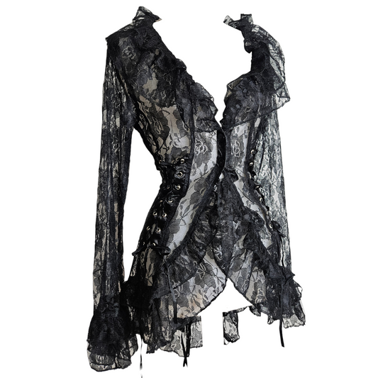 Black lace corset-style top with ruffled neckline, sheer floral lace, long flared sleeves and adjustable lace-up sides, dark romantic whimsigoth vibe.