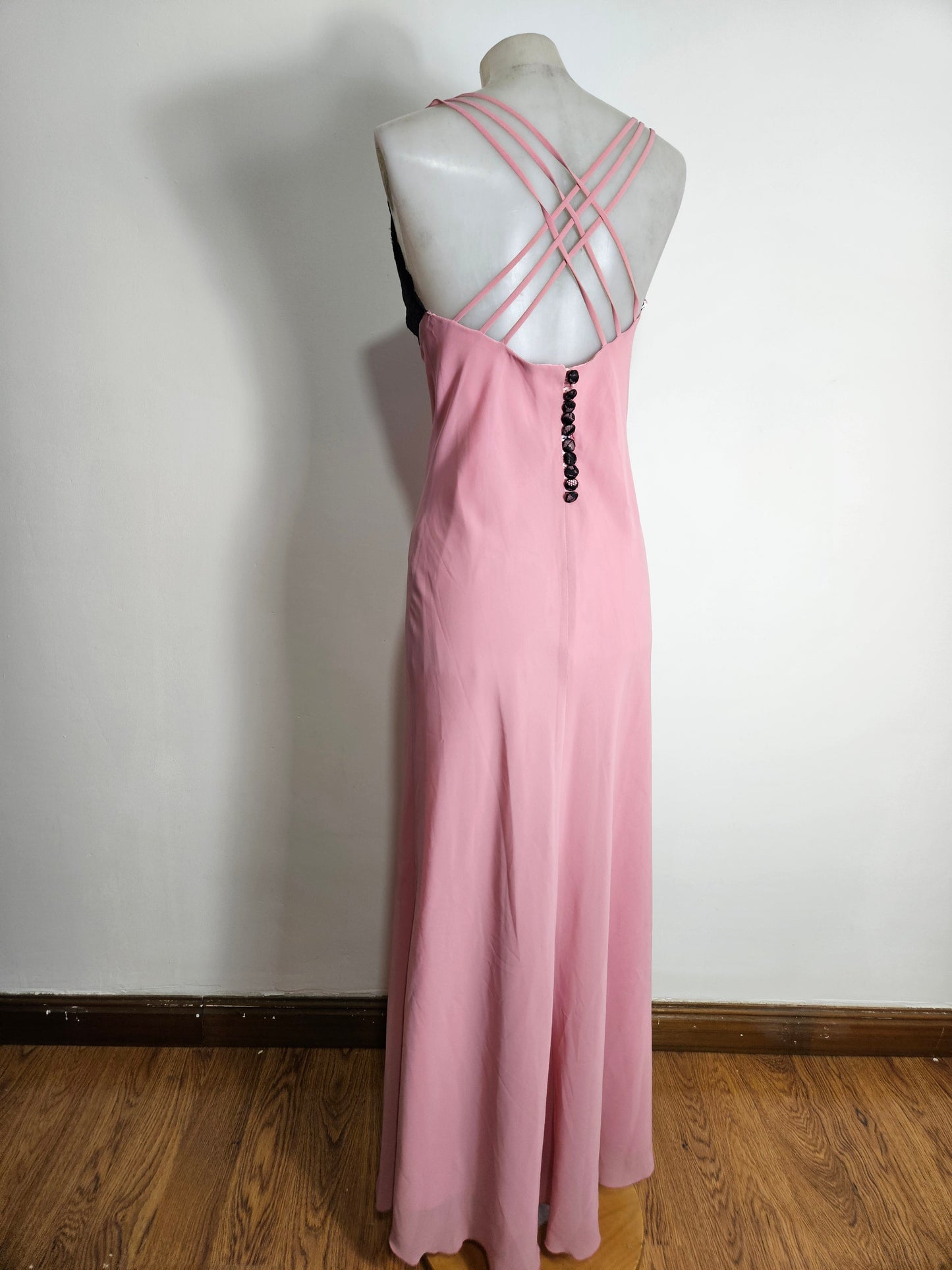 Pink dress with black lace details