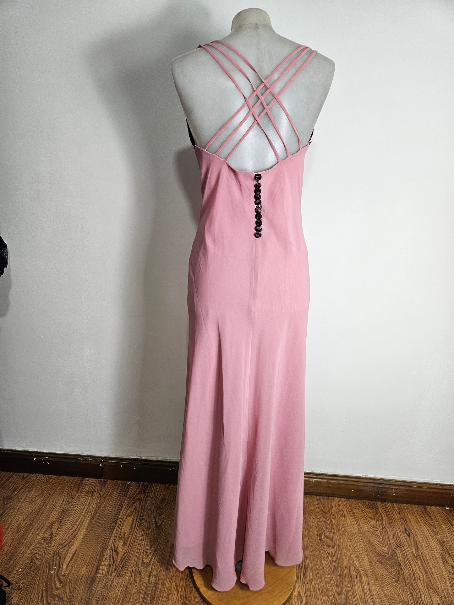 Pink dress with black lace details