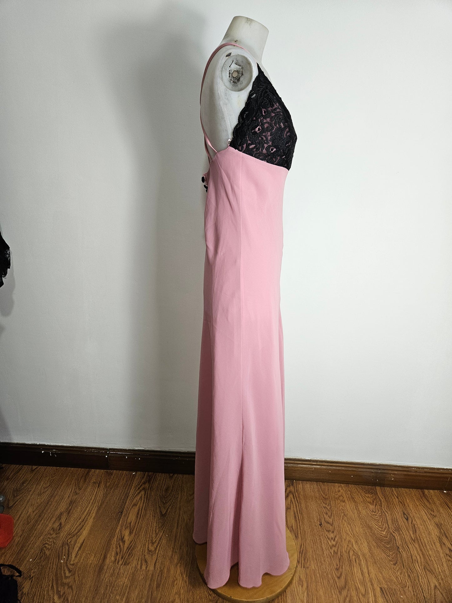 Pink dress with black lace details