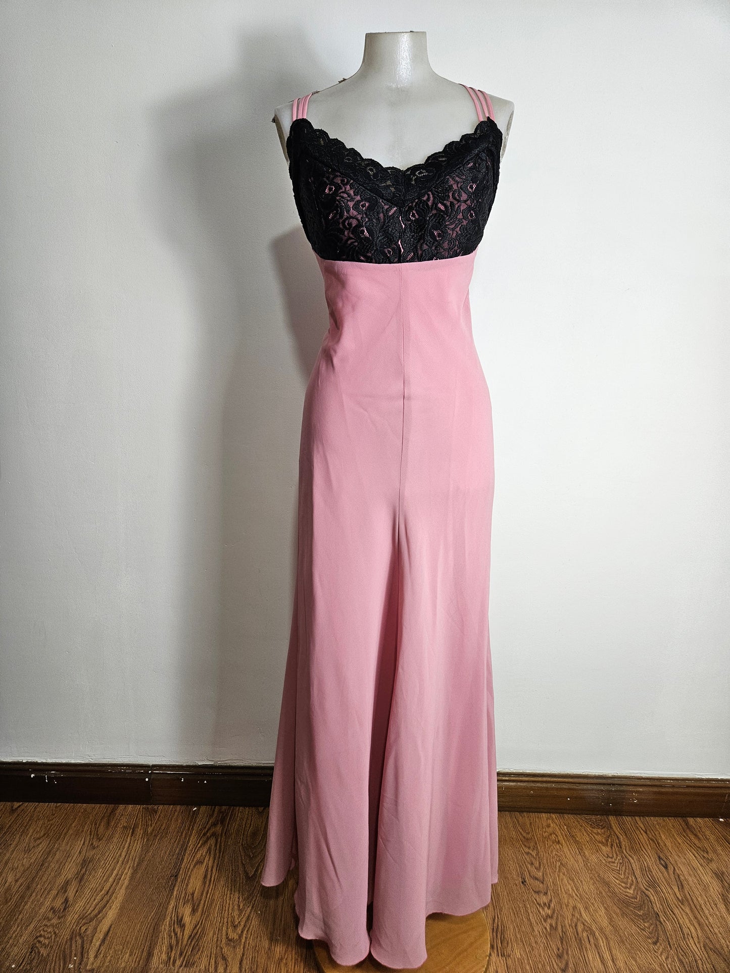 Pink dress with black lace details
