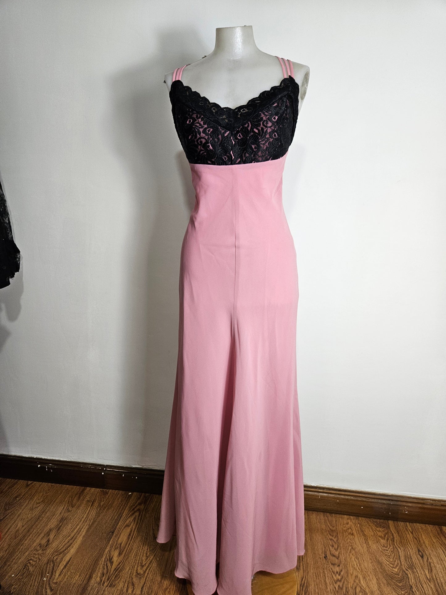 Pink dress with black lace details