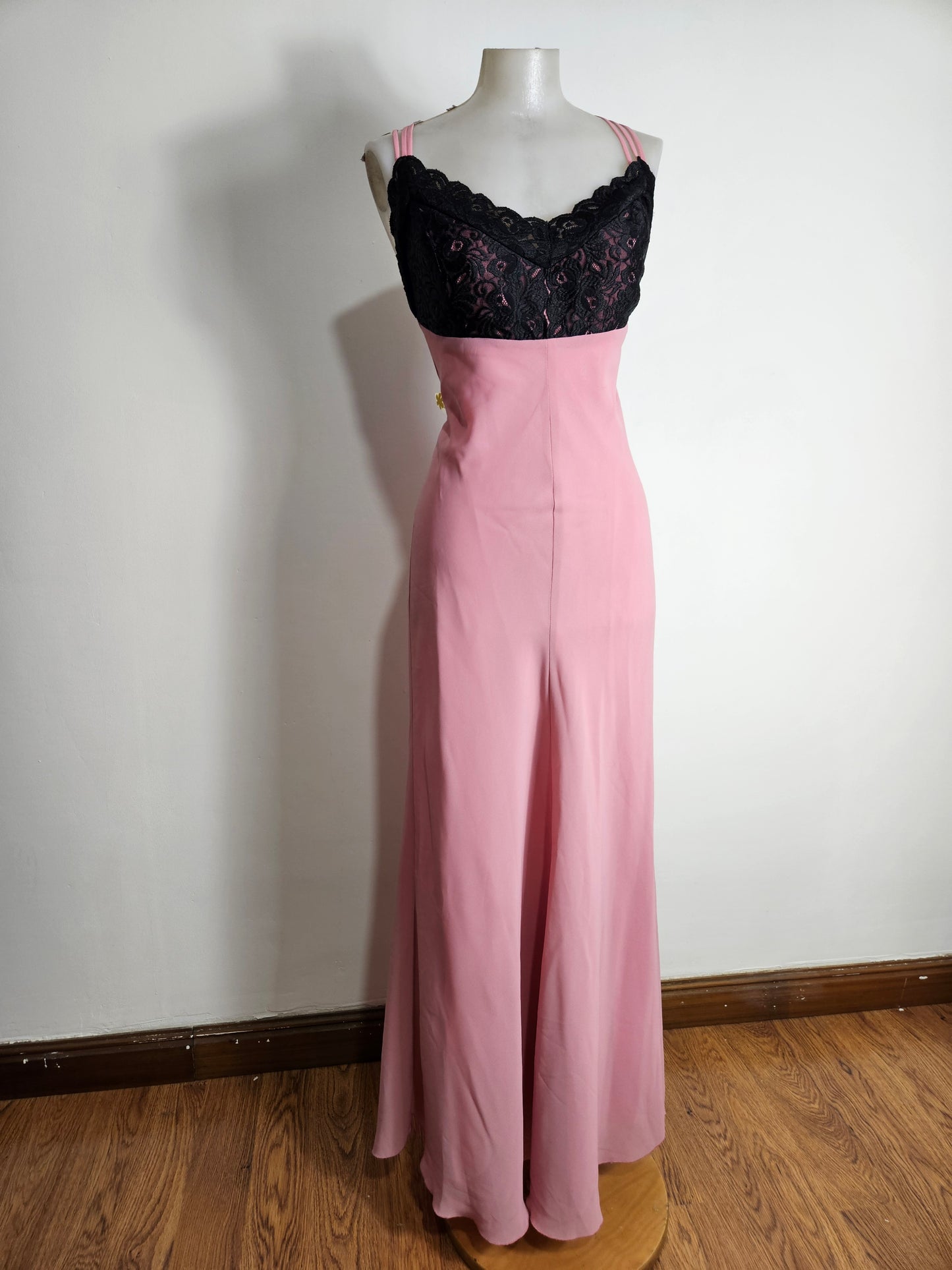 Pink dress with black lace details