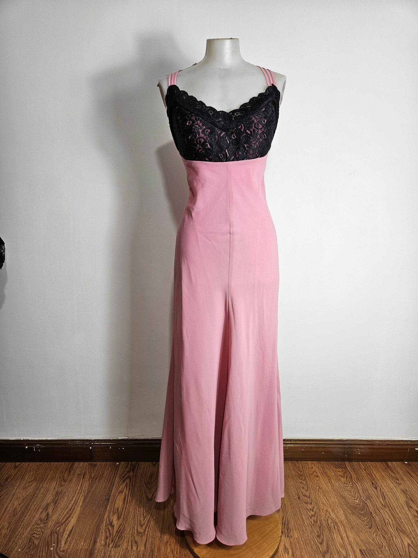 Pink dress with black lace details