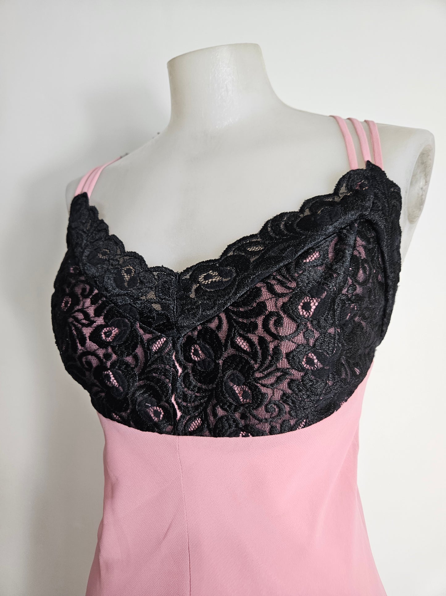 Pink dress with black lace details