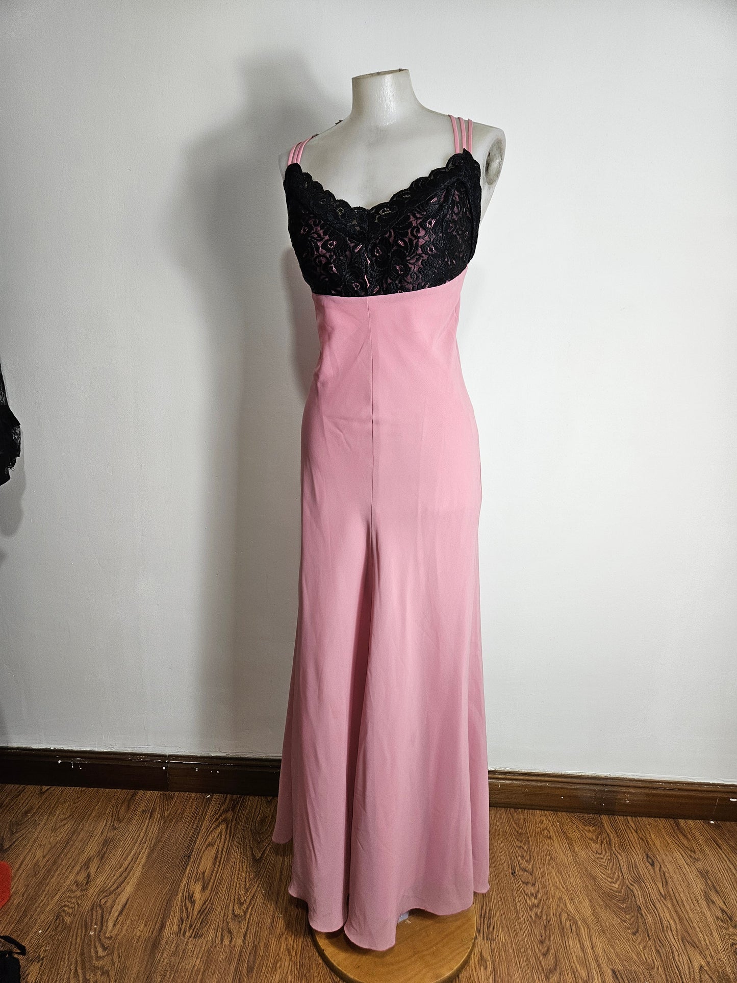 Pink dress with black lace details