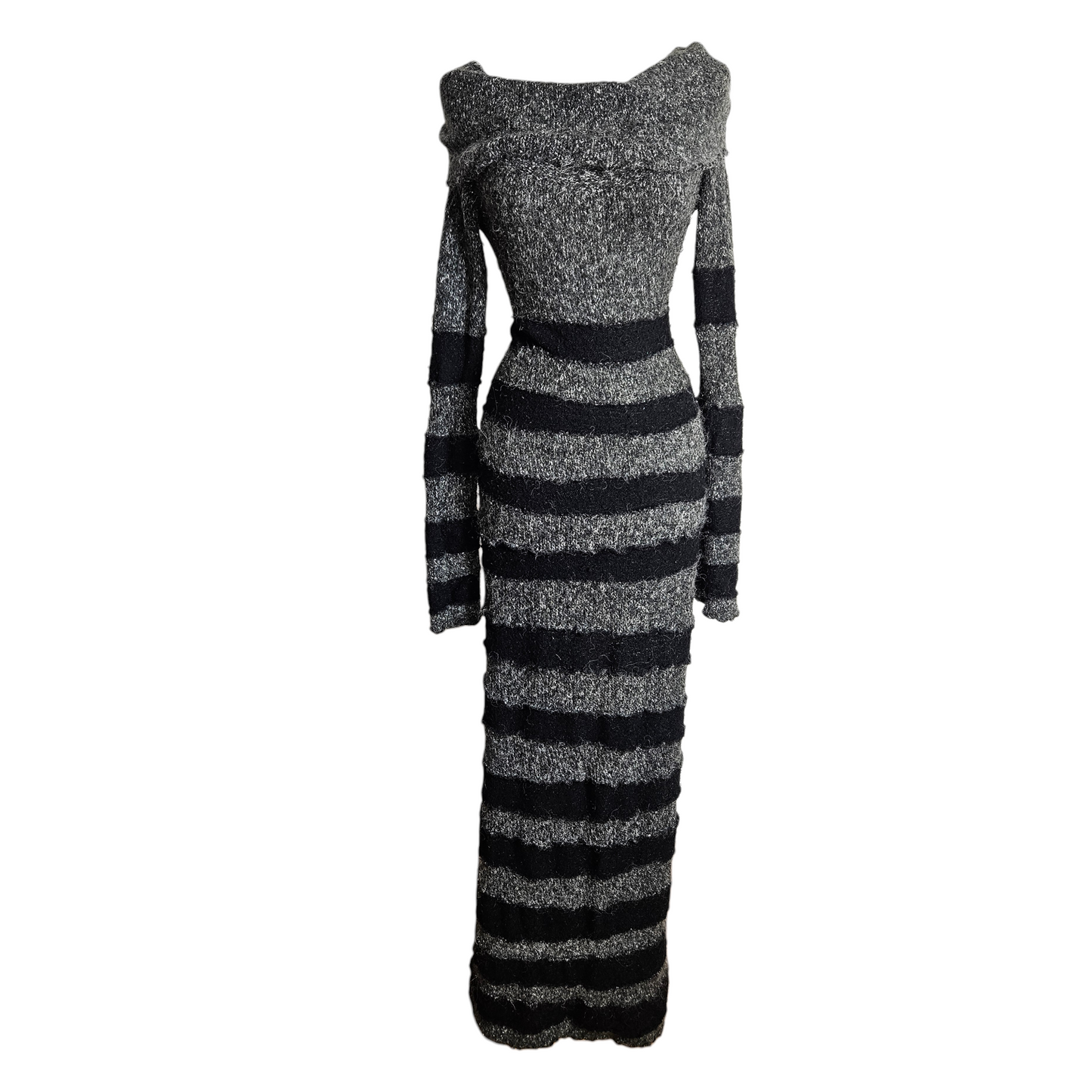Grey and black striped knit maxi dress with off-shoulder neckline, fuzzy textured fabric, dark Y2K gothic and whimsigoth vibe.