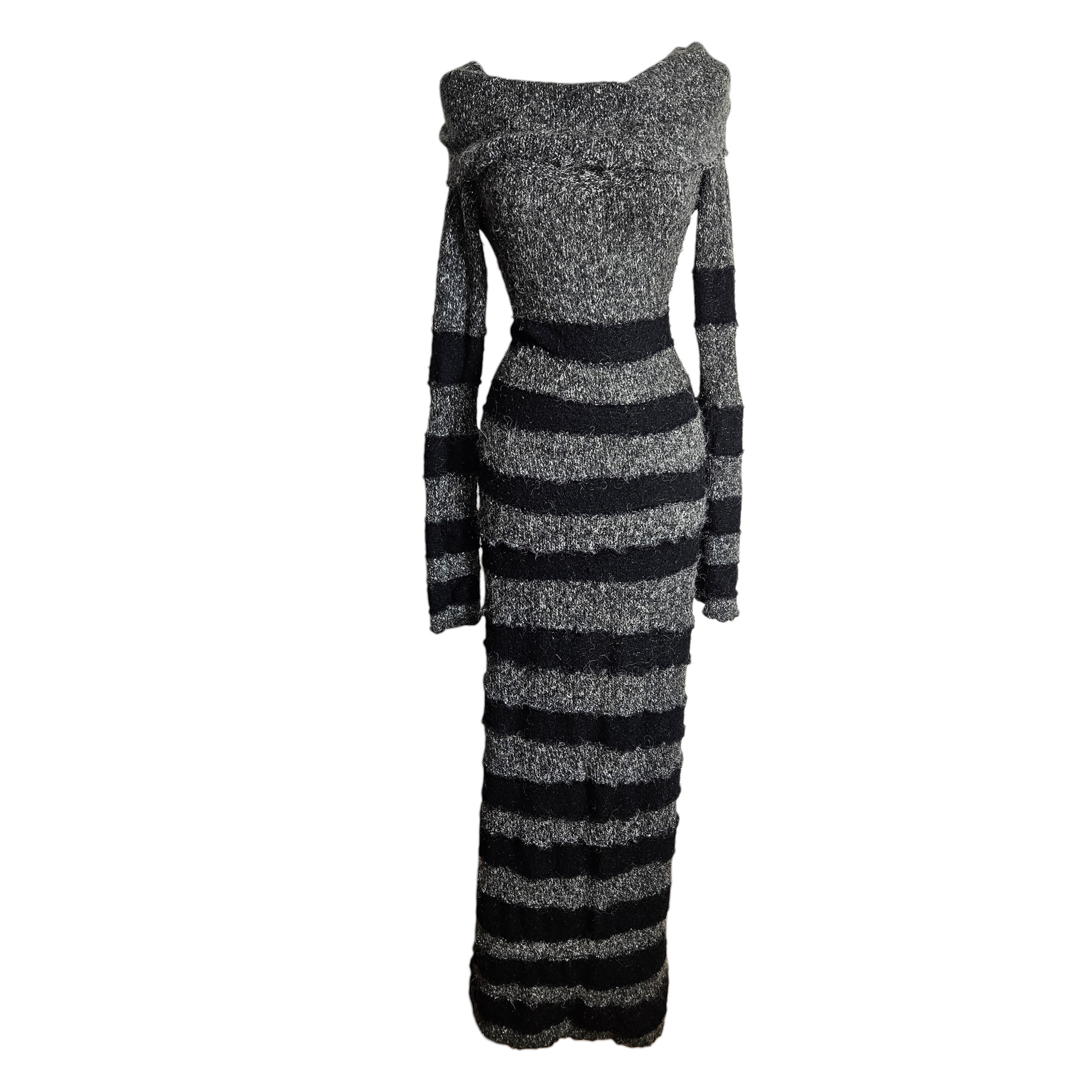 Grey and black striped knit maxi dress with off-shoulder neckline, fuzzy textured fabric, dark Y2K gothic and whimsigoth vibe.