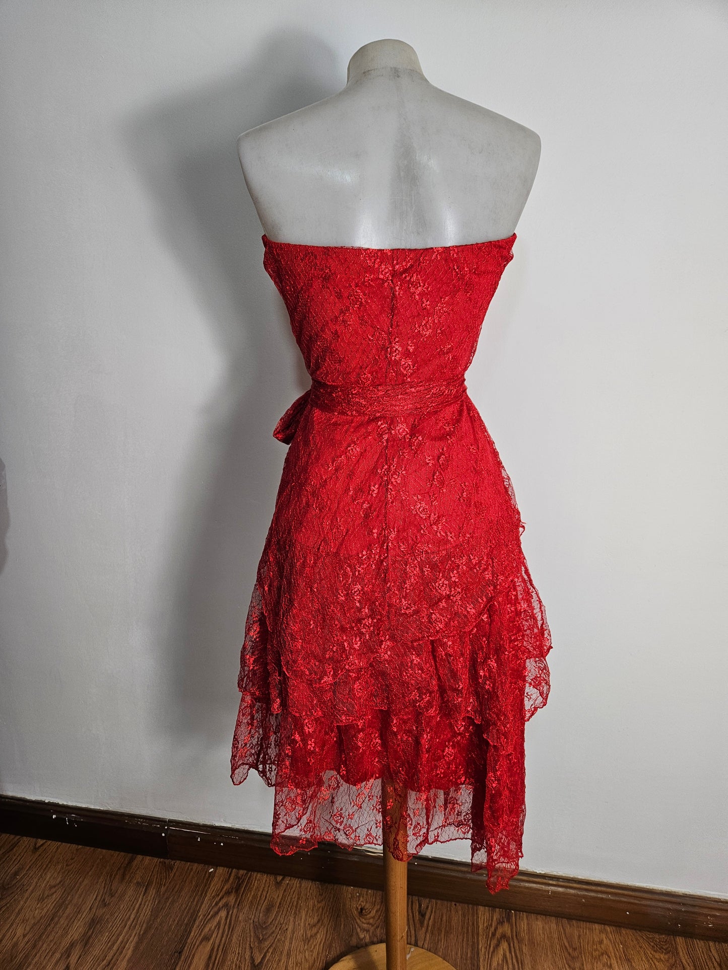 Red lace strapless dress