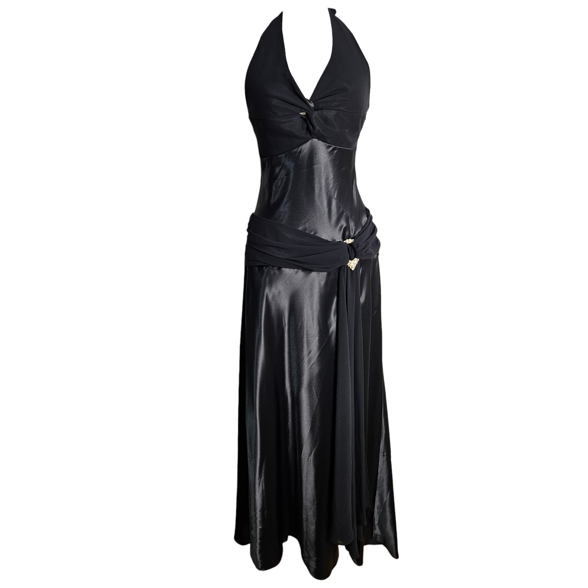 Black satin halter neck maxi dress with draped waist and elegant Y2K evening silhouette, vintage glam aesthetic by Lucid Dream 2007