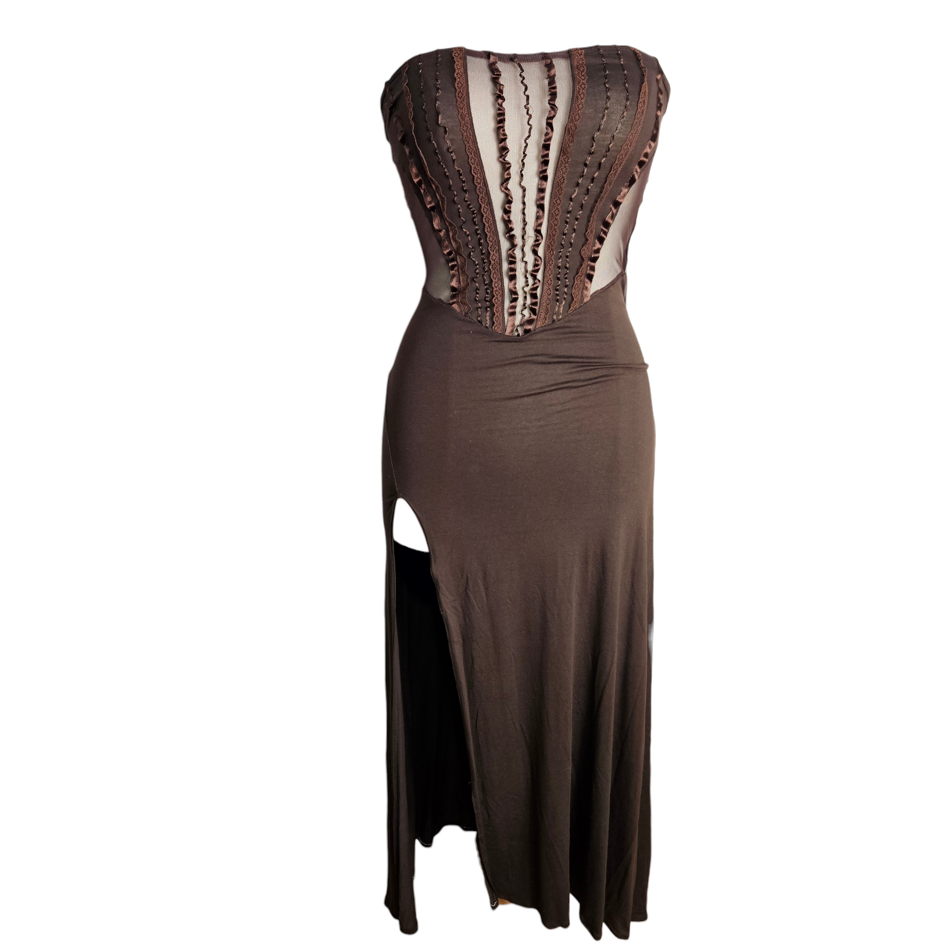 Vintage brown corset-style strapless dress with sheer mesh panels and side slit, elegant fitted silhouette, fairycore and whimsigoth vibe by Lucid Dream 2007
