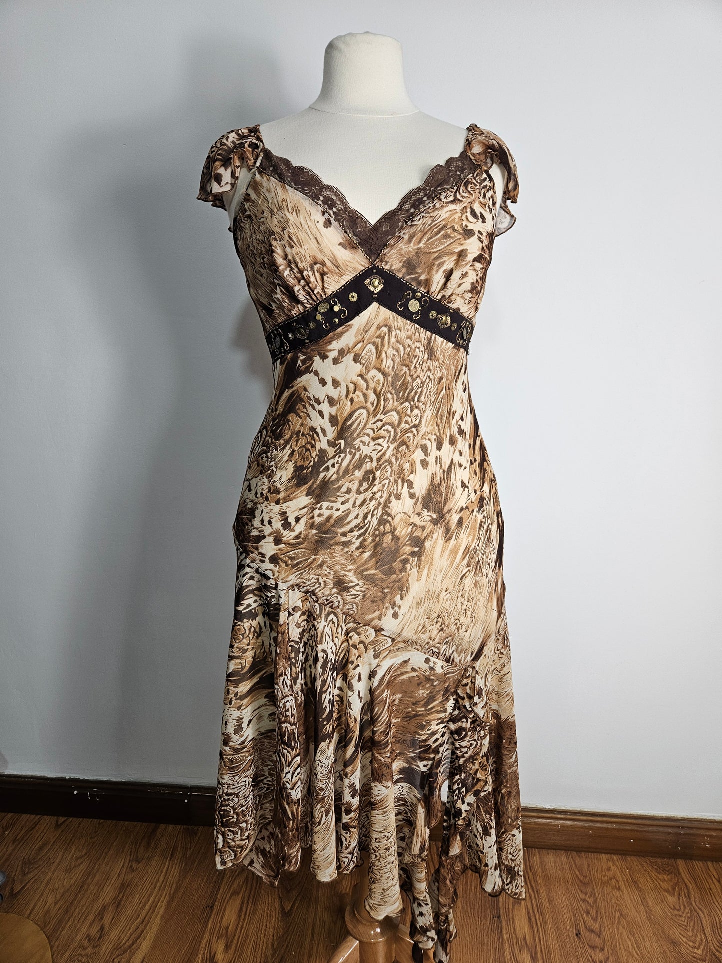 Beige and brown floral chiffon dress
