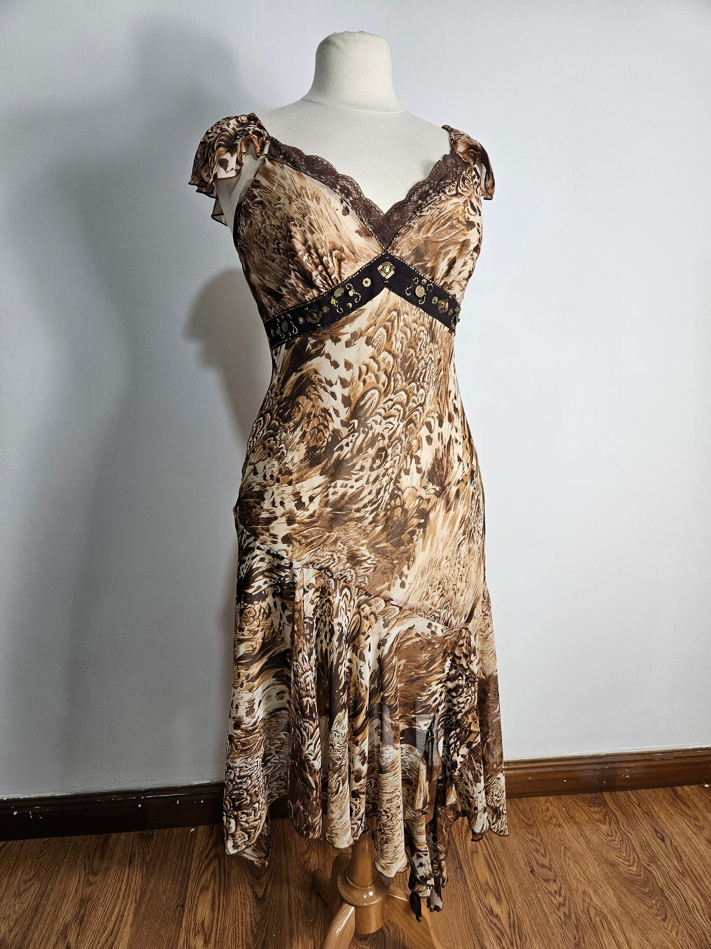 Beige and brown floral chiffon dress