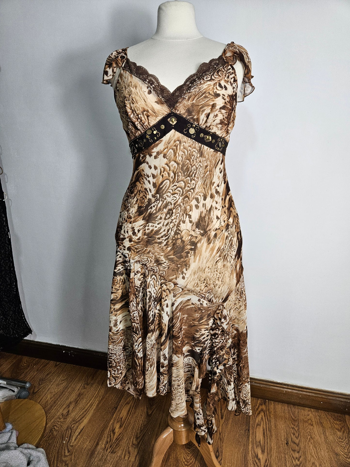Beige and brown floral chiffon dress
