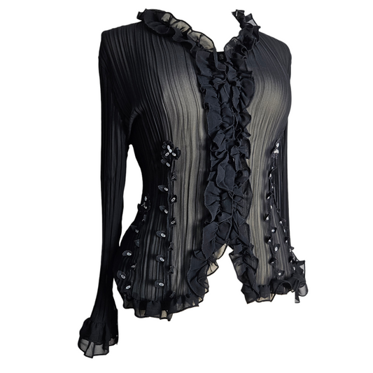 Black sheer pleated vintage top with ruffled front and sleeves, dark fairycore whimsigoth romantic silhouette by Lucid Dream 2007