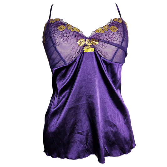 Purple satin camisole top with embroidered mesh bust and crossed back straps, dreamy y2k fairycore lingerie-inspired vintage piece.