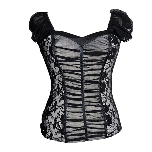 Black vintage lace and mesh corset-style top with puff sleeves and ruched front, dark y2k and whimsigoth aesthetic, sheer gothic vibes by Lucid Dream 2007