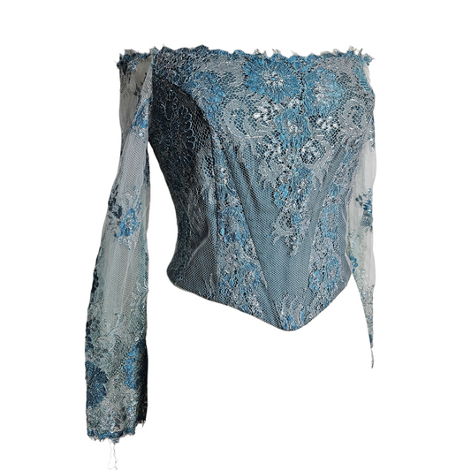 Vintage blue lace corset top with off-shoulder neckline and sheer long sleeves, dreamy Y2K fairycore and romantic gothic vibes by Lucid Dream 2007