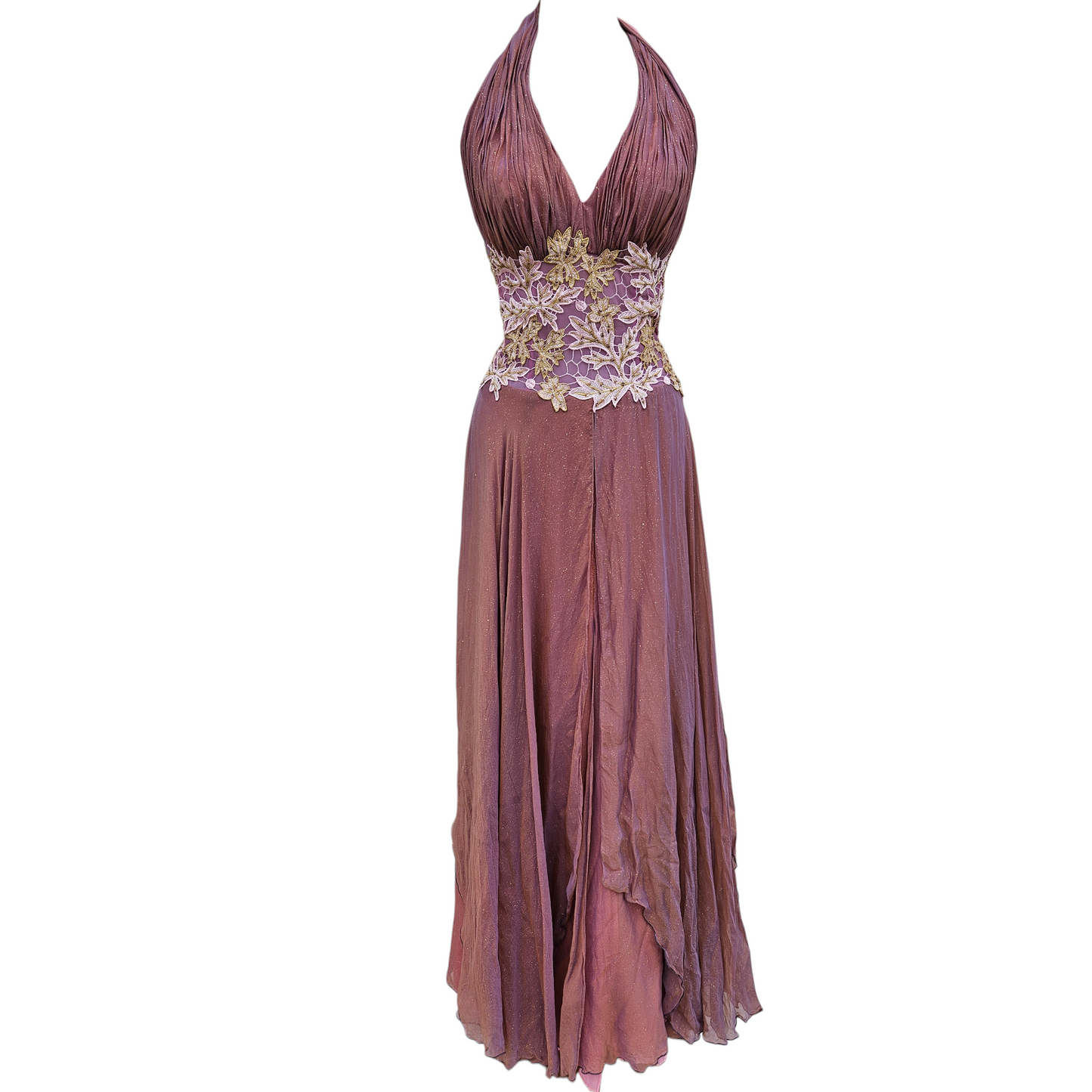Dusky pink silk halter maxi dress with floral embroidered waist, flowing sheer skirt and open back, dreamy fairycore and romantic evening vibe.