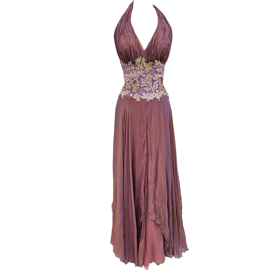Dusky pink silk halter maxi dress with floral embroidered waist, flowing sheer skirt and open back, dreamy fairycore and romantic evening vibe.