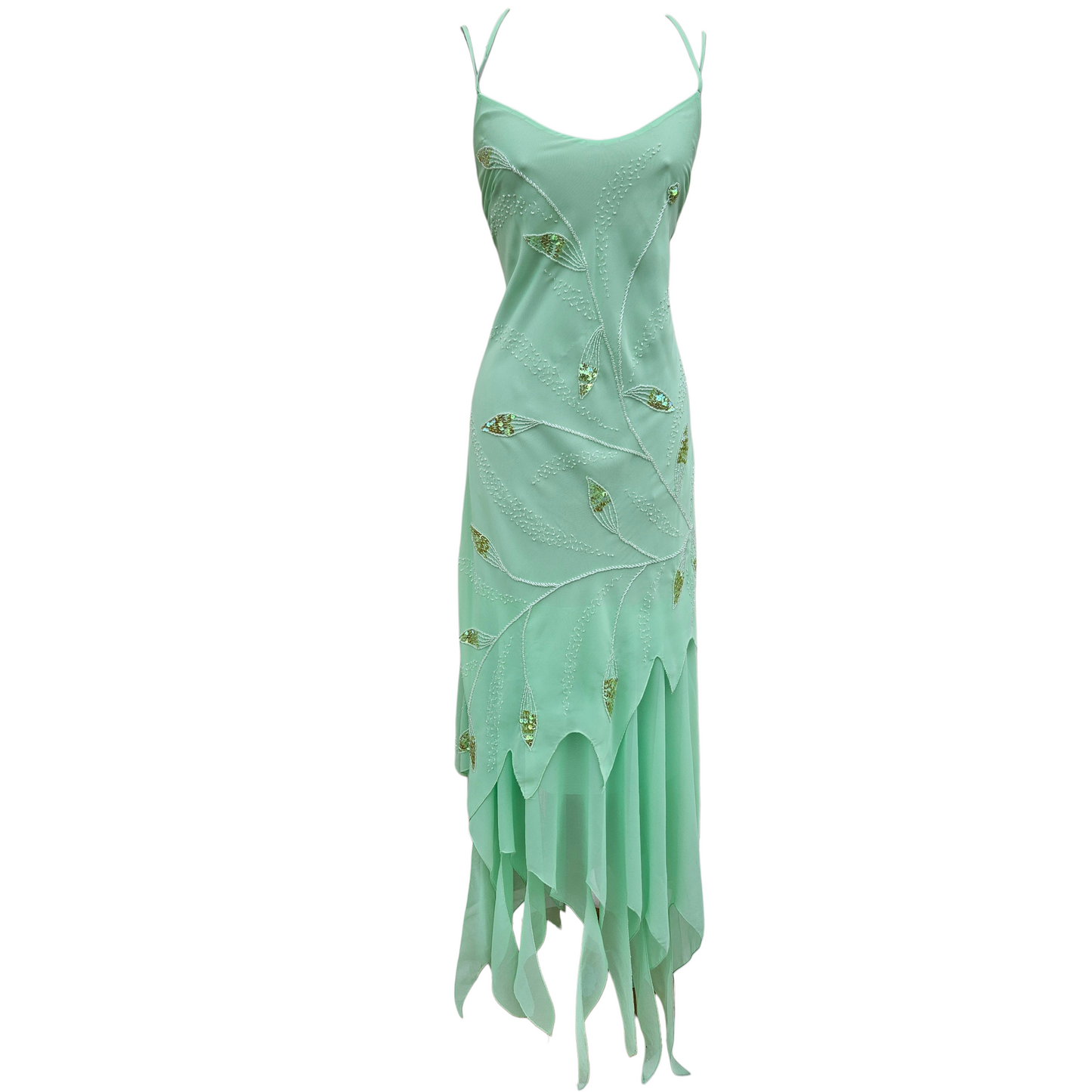 Mint green vintage beaded slip dress with lace-up back and flowing chiffon layers, dreamy fairycore Y2K gown with ethereal vibes by Lucid Dream 2007