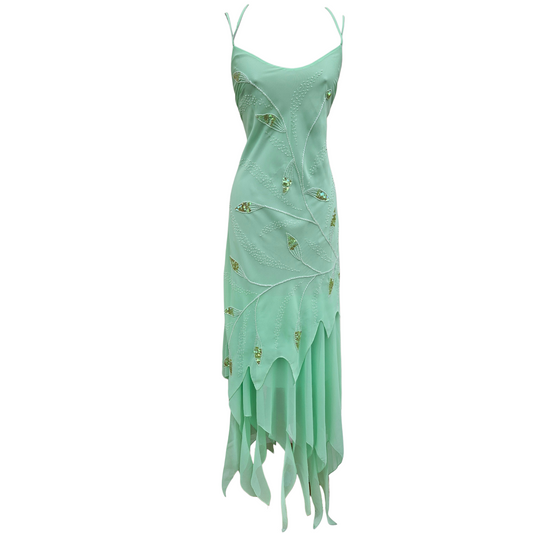 Mint green vintage beaded slip dress with lace-up back and flowing chiffon layers, dreamy fairycore Y2K gown with ethereal vibes by Lucid Dream 2007
