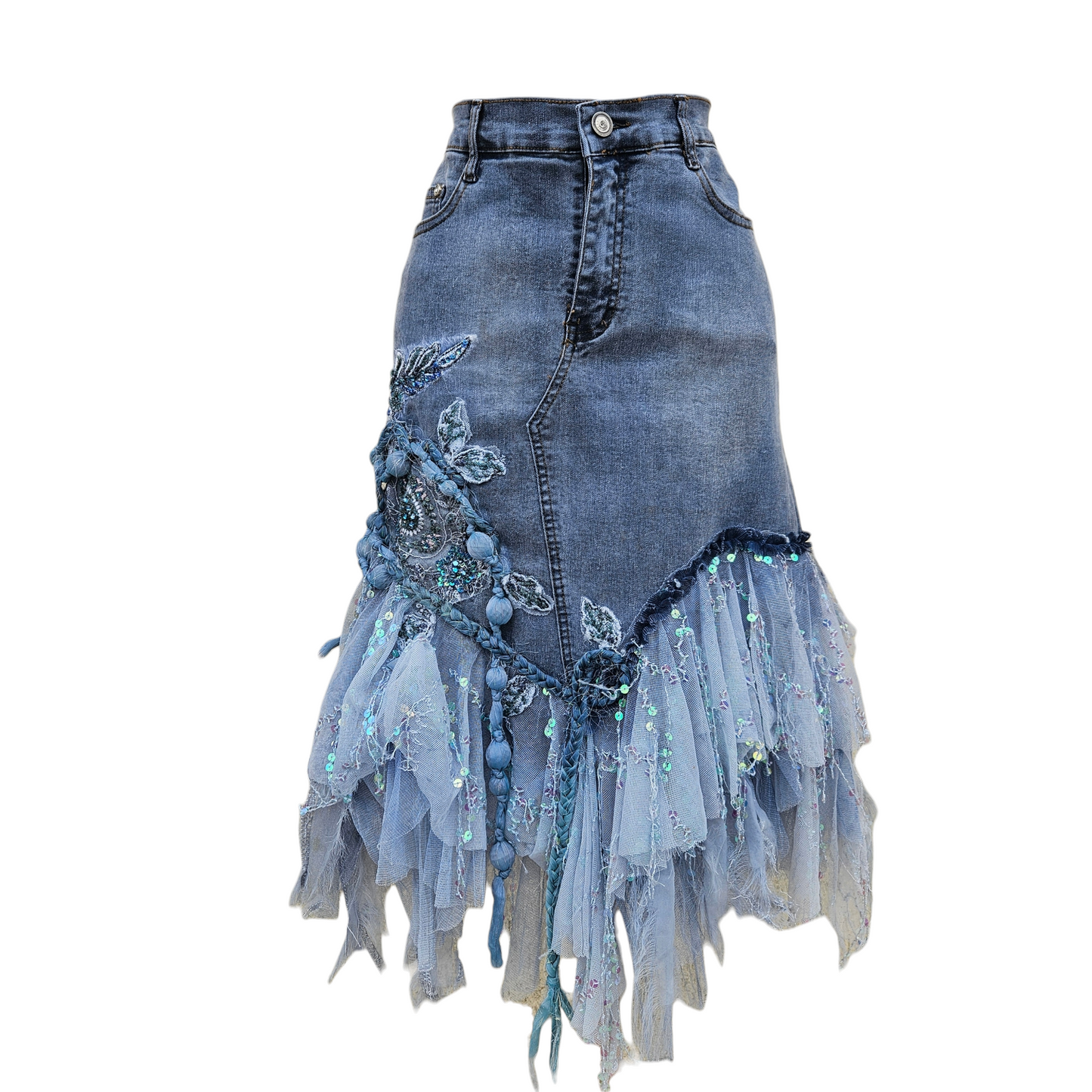 Blue vintage denim skirt with fairycore tulle layers, floral embroidery, beads and sequins, whimsical y2k statement piece by Lucid Dream 2007