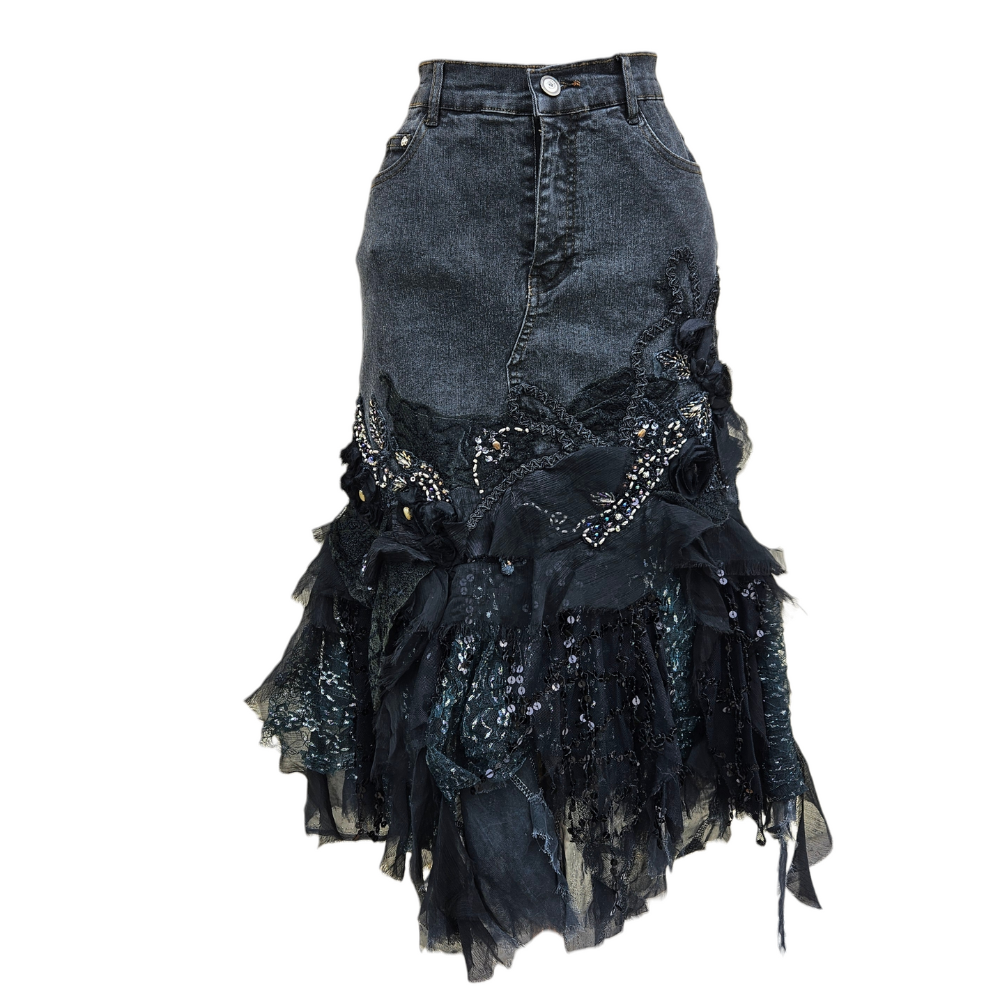 Black denim skirt with lace, tulle and beaded embellishments, layered asymmetrical hem and dark y2k fairycore gothic aesthetic.