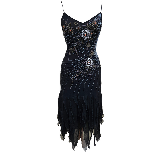 Black silk beaded slip dress with floral embroidery and sheer hem, elegant fairycore and whimsigoth vibe, vintage Y2K eveningwear aesthetic.