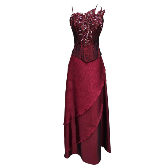 Burgundy Y2K two-piece set with embellished corset top and flowing layered skirt, dramatic fairycore and whimsigoth eveningwear aesthetic.