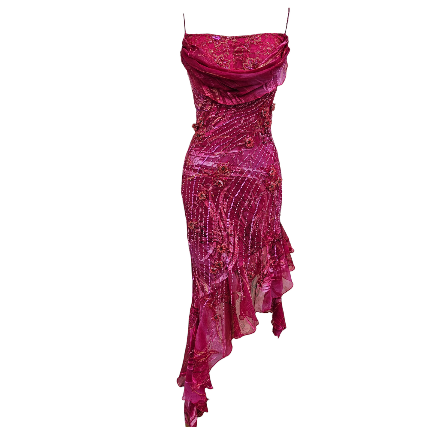 Fuchsia pink silk embellished maxi dress with floral beadwork, sequins and sheer layered hem, dramatic fairycore and Y2K evening gown energy.