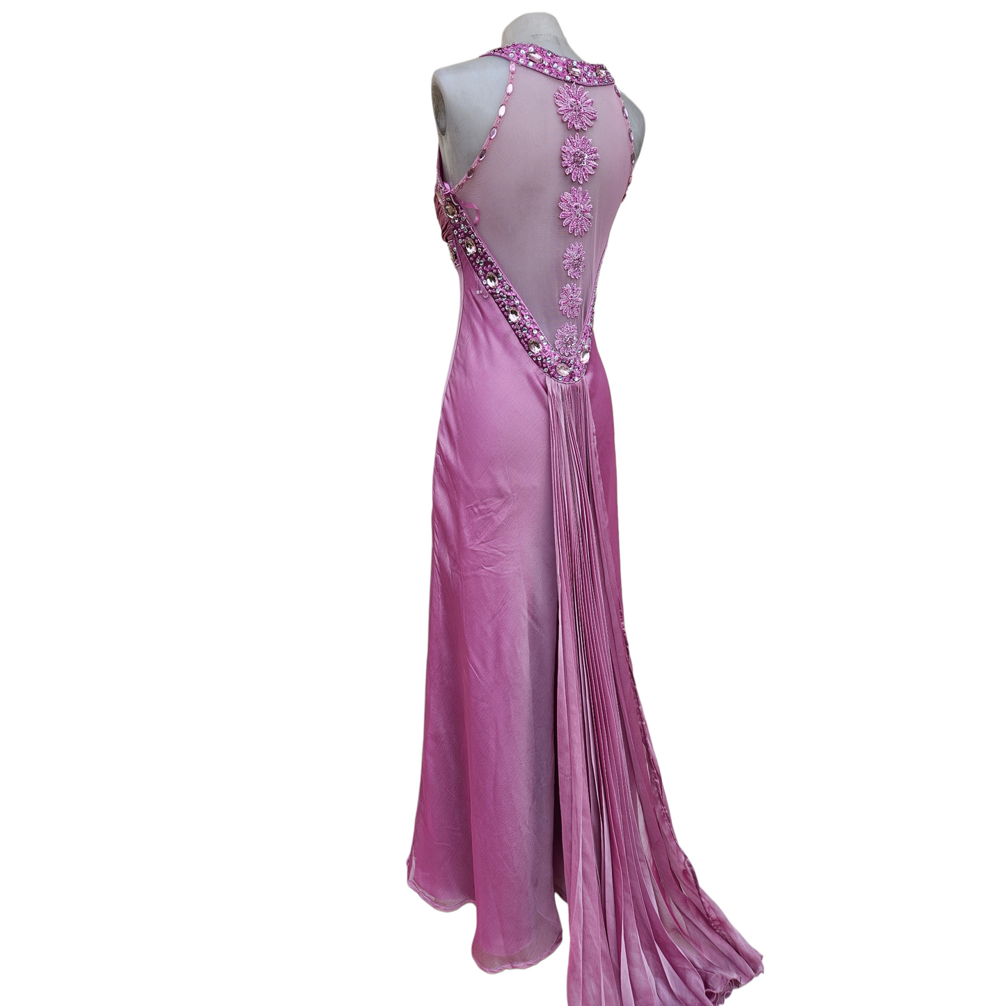 Vintage pink beaded evening gown with sheer embellished back, fairycore prom dress with rhinestones and flowing train by Lucid Dream 2007