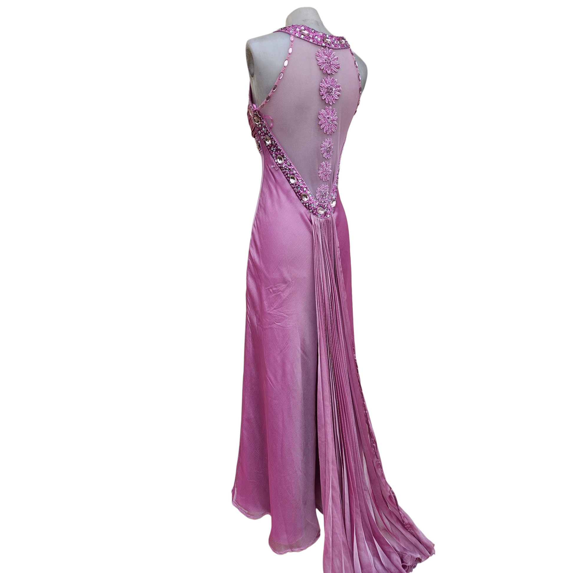 Vintage pink beaded evening gown with sheer embellished back, fairycore prom dress with rhinestones and flowing train by Lucid Dream 2007